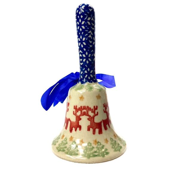 Prancing Reindeer Porcelain bell hand crafted and painted Polish Pottery - Picture 1 of 5